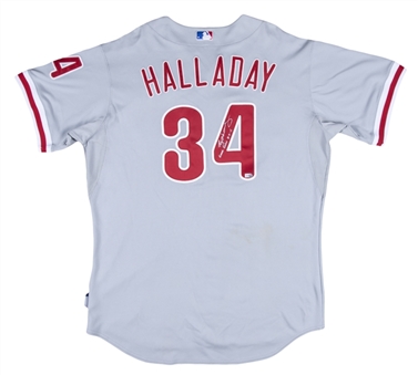 2011 Roy Halladay Game Used and Signed Philadelphia Phillies Road Jersey Worn on August 3, 2011 vs Colorado Rockies for Career Win #183 (MLB Authenticated & PSA/DNA)